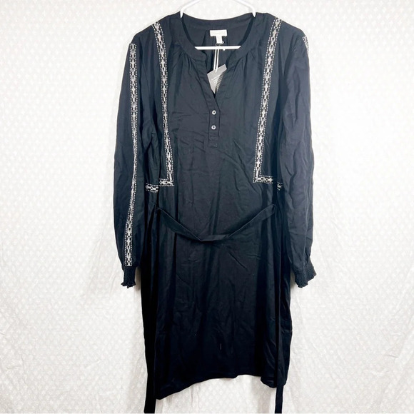 Garnet Hill NWT Black Embroidered Long Sleeve Tie Waist Dress - Picture 1 of 7